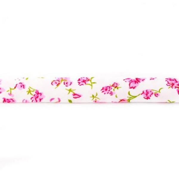 Schrägband 20mm Breit 3m Stück bedruckt rosa Blumen auf Weiß